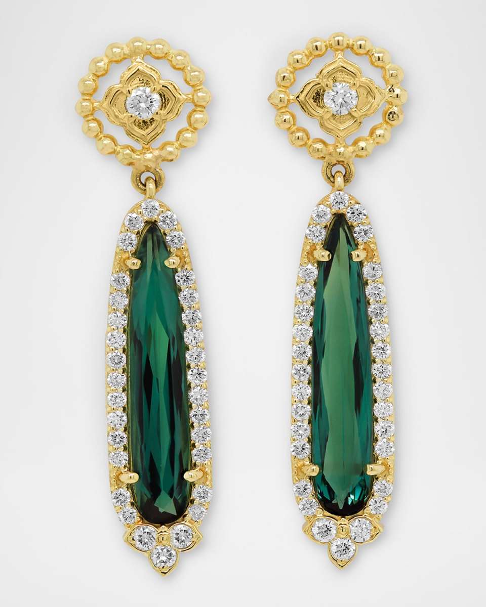 18K Yellow Gold Pear Shape Green Tourmaline Earrings with Diamonds